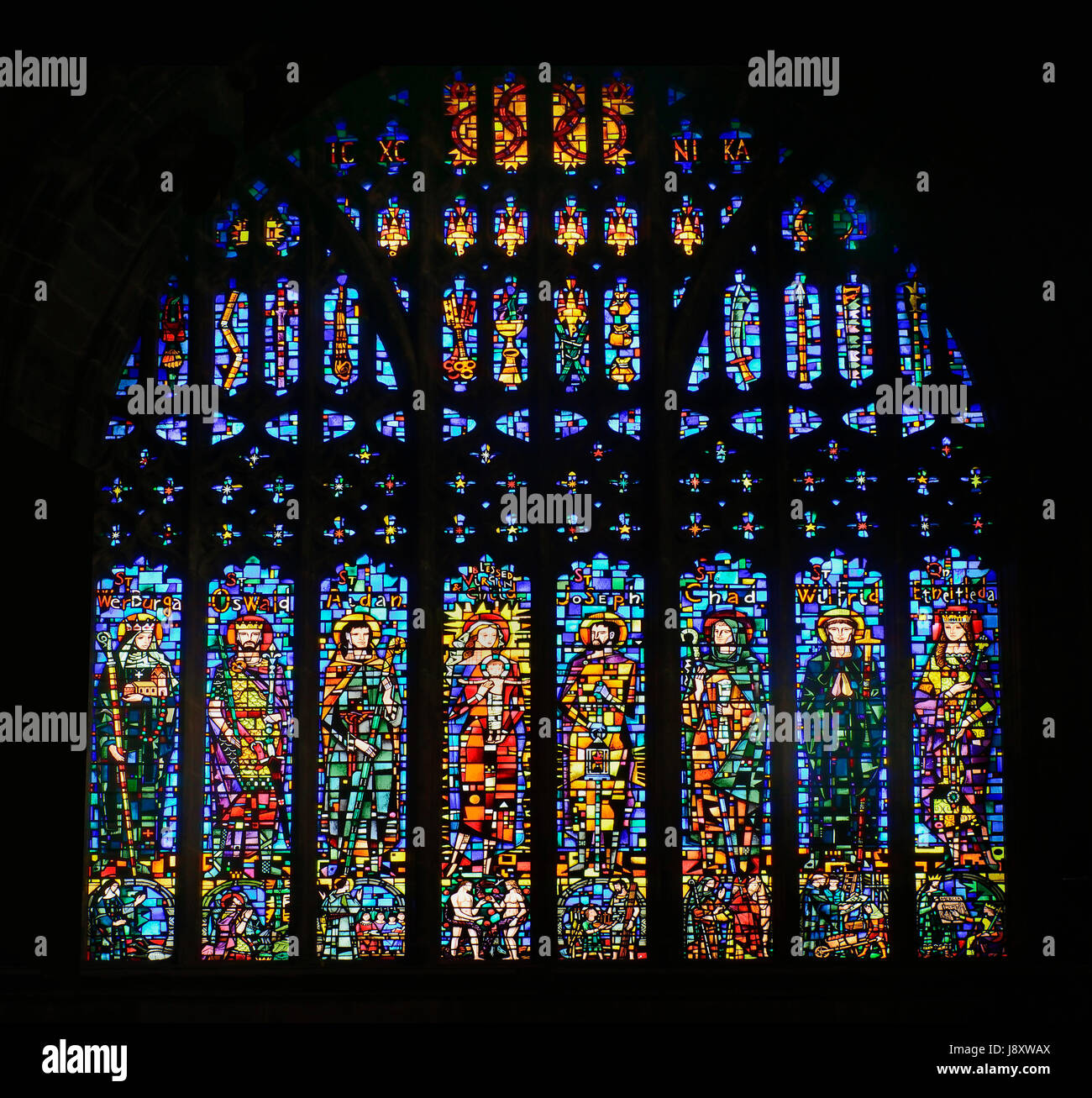 England, Cheshire, Chester Cathedral, Stained glass in the West Window. Stock Photo