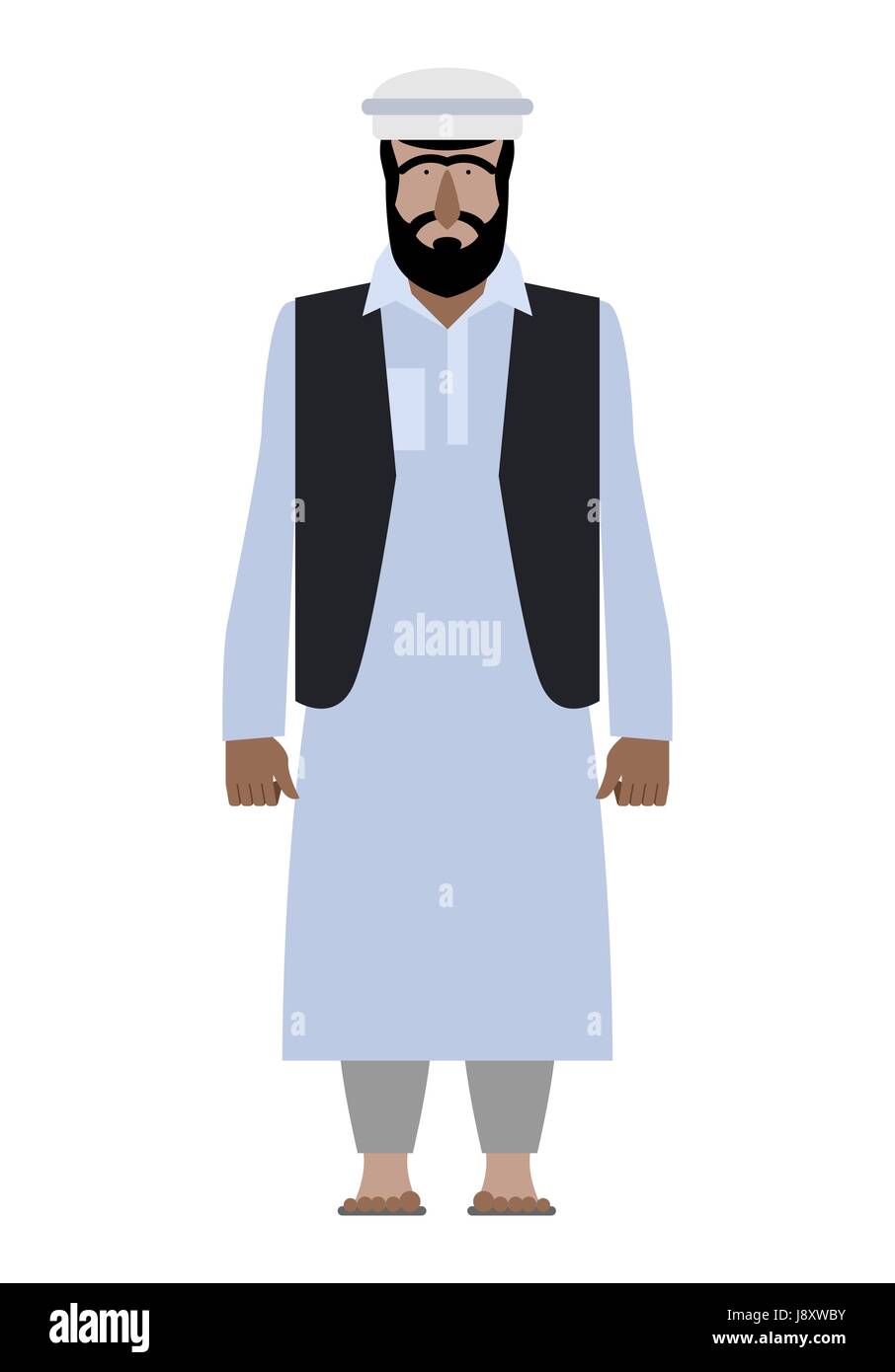 Syrian refugee. Resident of Pakistan national clothes. Afghanistan man in a traditional robe on a white background. Vector illustration of an emigrant Stock Vector