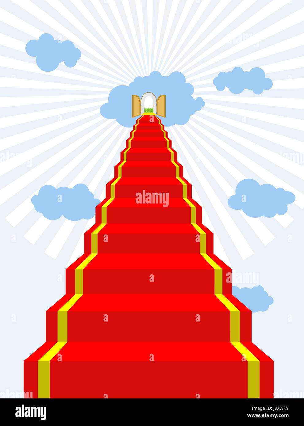 Stairway to paradise. Red carpet into sky. Gates of paradise. Doors in  clouds. Vector illustration of Gods dwelling. Climb to top of heaven. Stock Vector