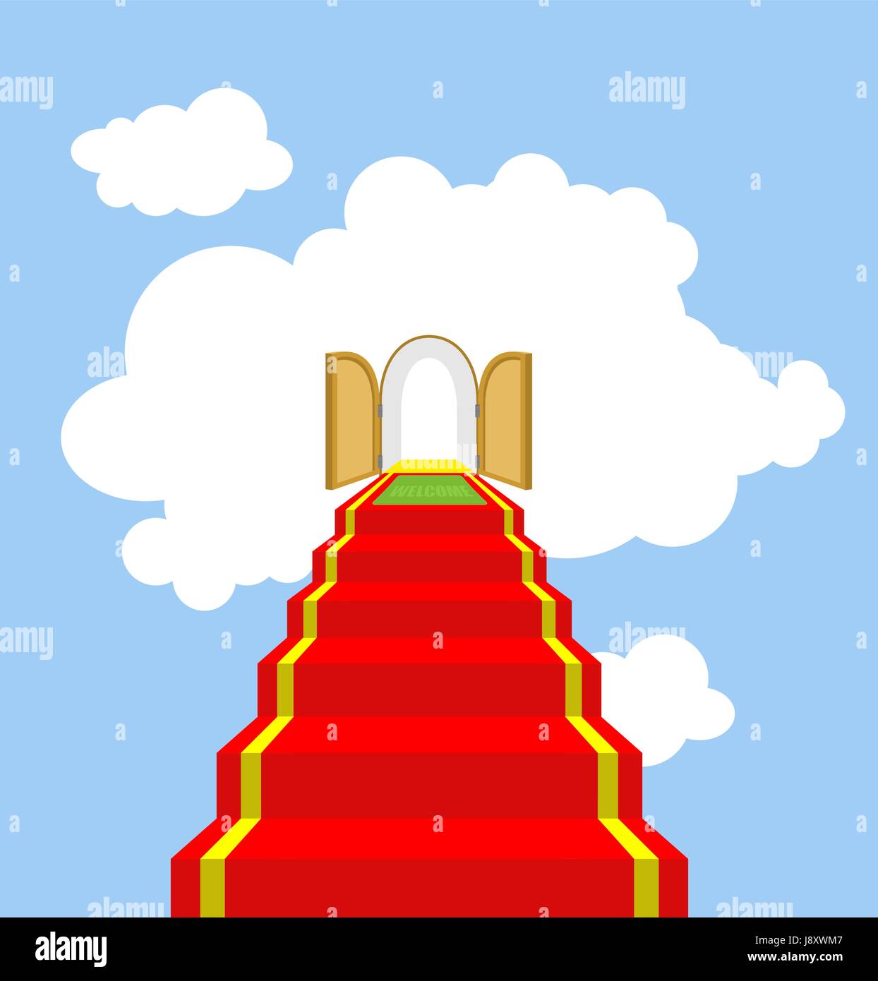 Open gates of paradise. Ladder into clouds. Degree in sky. Red carpet for ascent into paradise. Vector illustration of God's ladder. Acent to God, to  Stock Vector