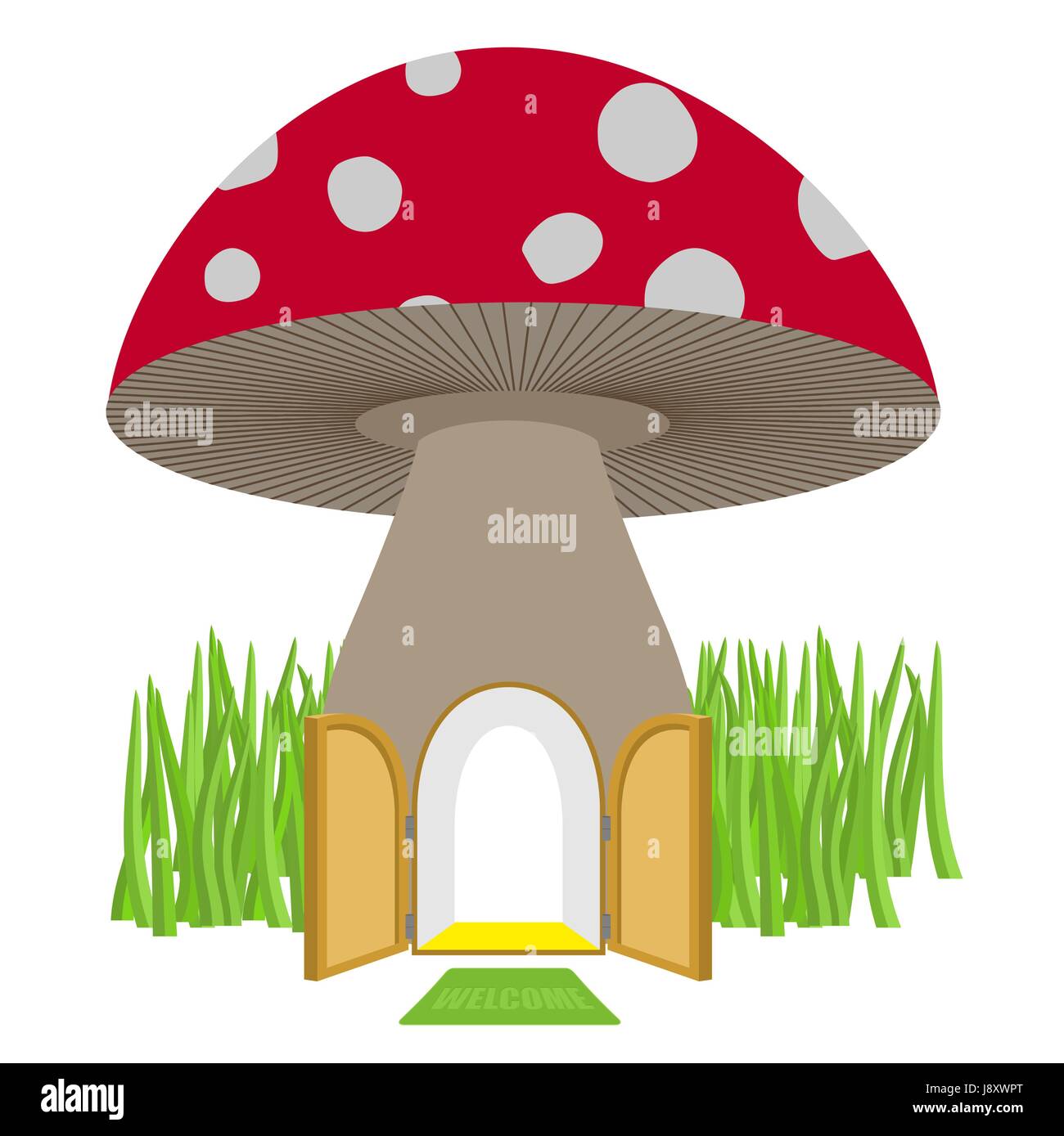 Mushroom with door open. Amanita House for a dwarf, Hobbit. Vector illustration. Stock Vector
