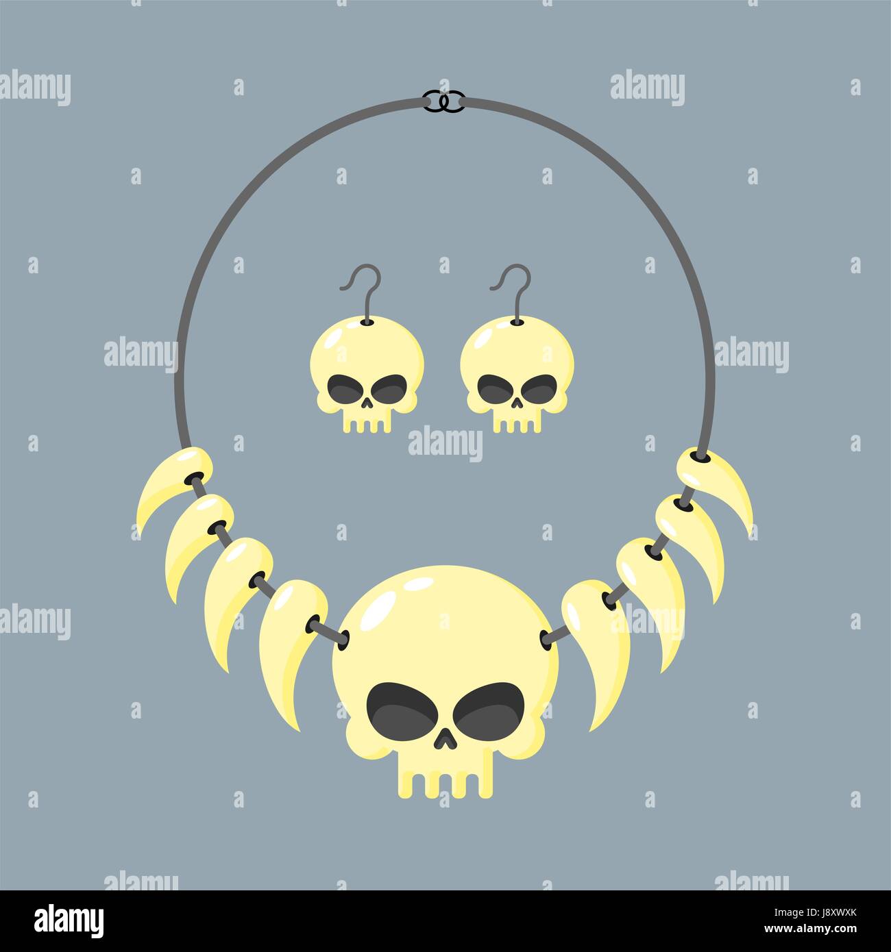 Necklace of skull and tusks. Beads, Aboriginal cannibals and barbarians. Vector illustration terrible piece of jewelry. Head of  skeleton and teeth of Stock Vector