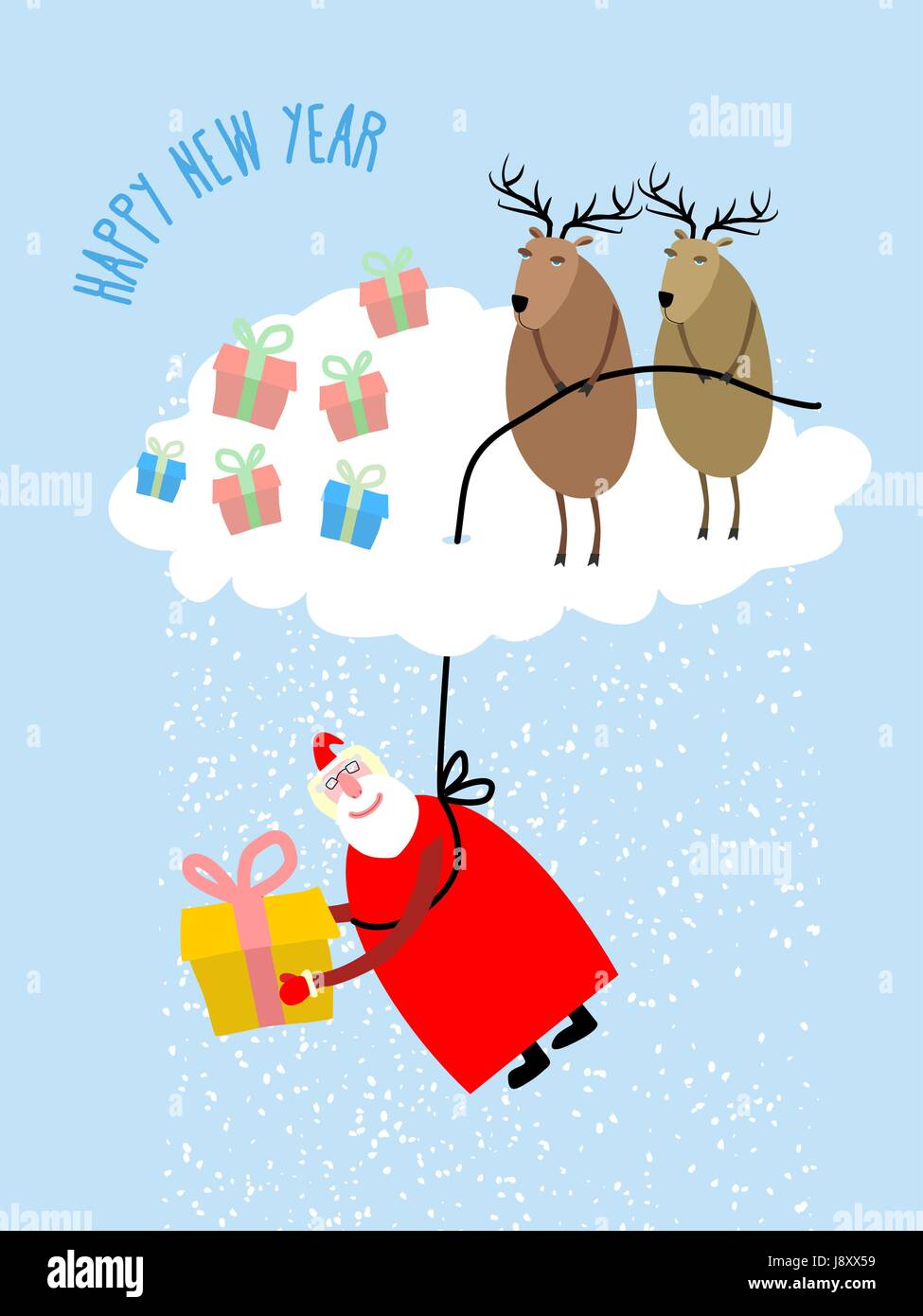 Santa Claus comes down on a rope and gives a gift. Deer on cloud cover Santa Claus. Snow from clouds. Christmas greeting card. Vector illustration for Stock Vector