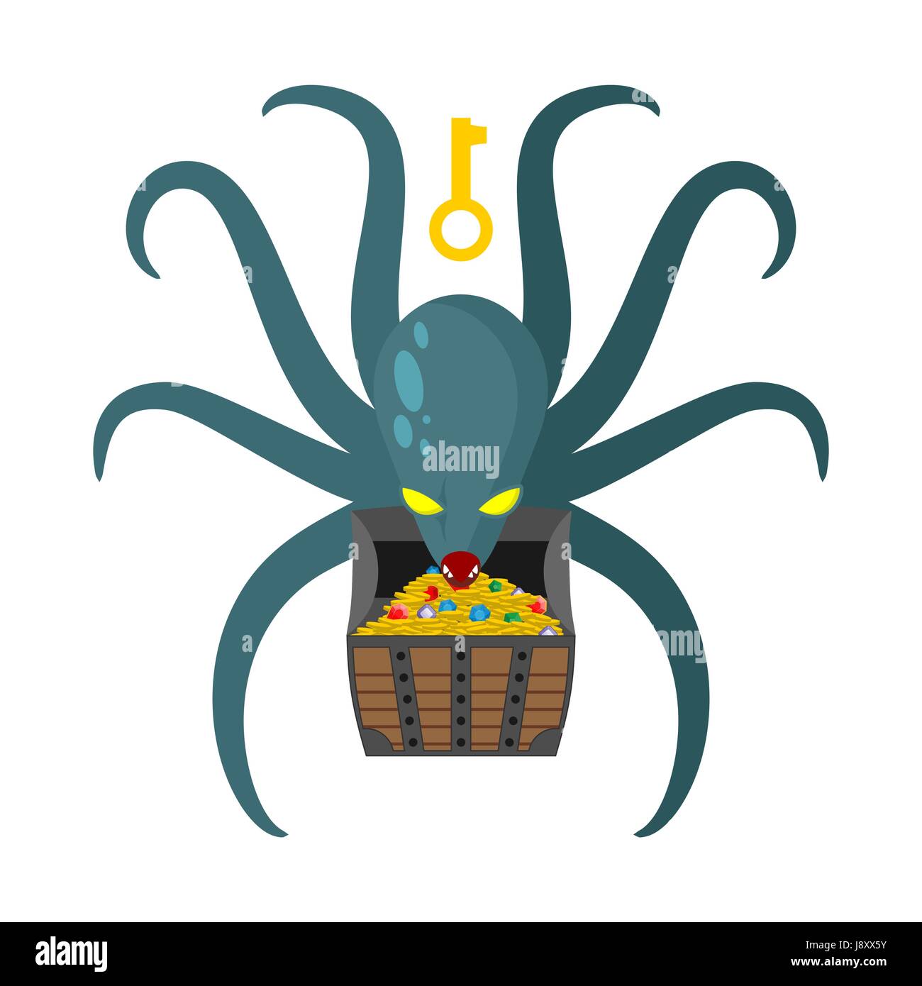 Octopus guarding pirate treasures . Gold chest kraken. Cthulhu and gold jewelry. Dreaded clam Monster keeps tentacled chest with precious stones and g Stock Vector