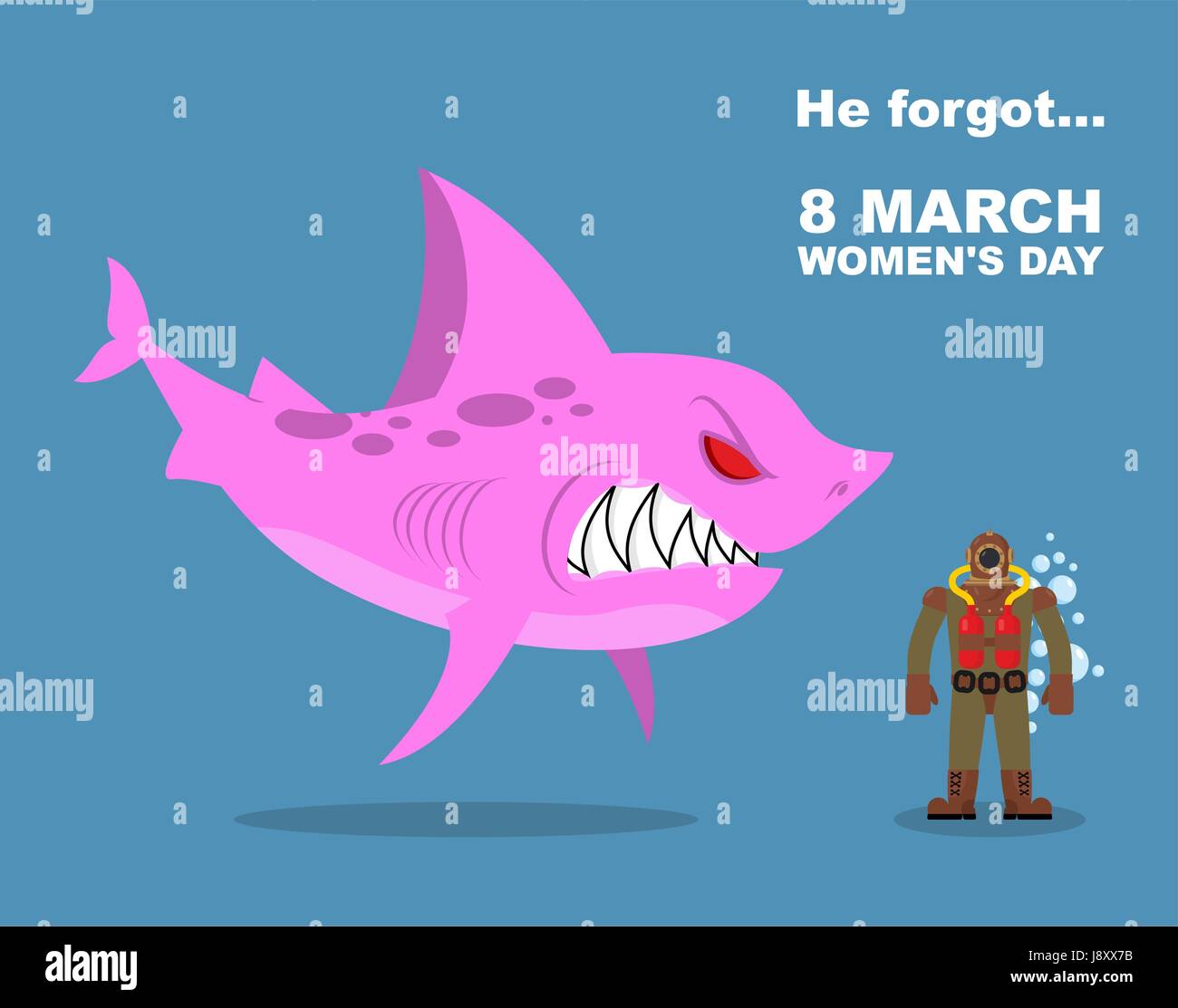 He forgot about 8 March. International womens day. Wicked  Pink shark scares  diver old suit. Farted from fear go bubbles. Vector humorous greeting ca Stock Vector
