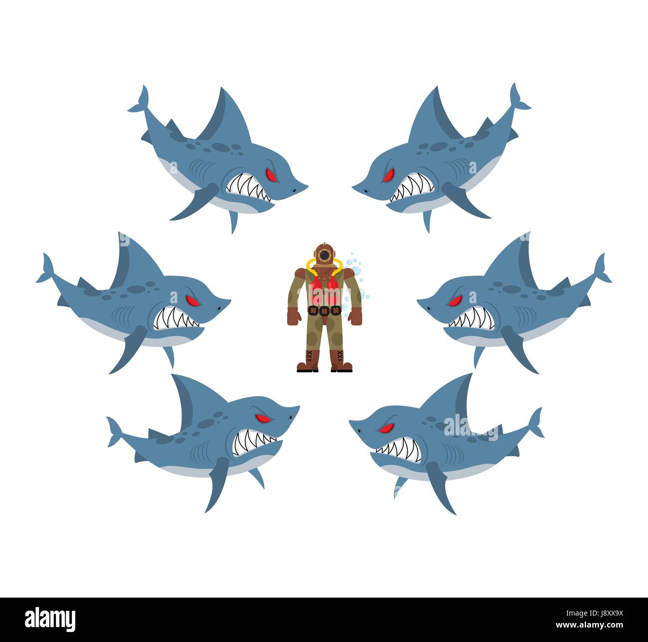 Angry sharks surrounded man in old diving suit. Fear, hopeless situation. Farted with fear go bubbles. Vector illustration business allegory Stock Vector