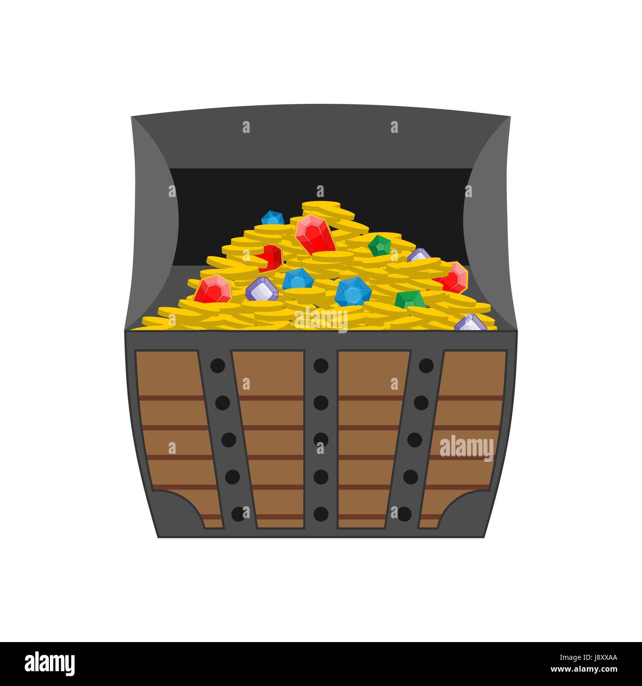 Treasure chest. Gold and precious stones in open chest. Wooden box full