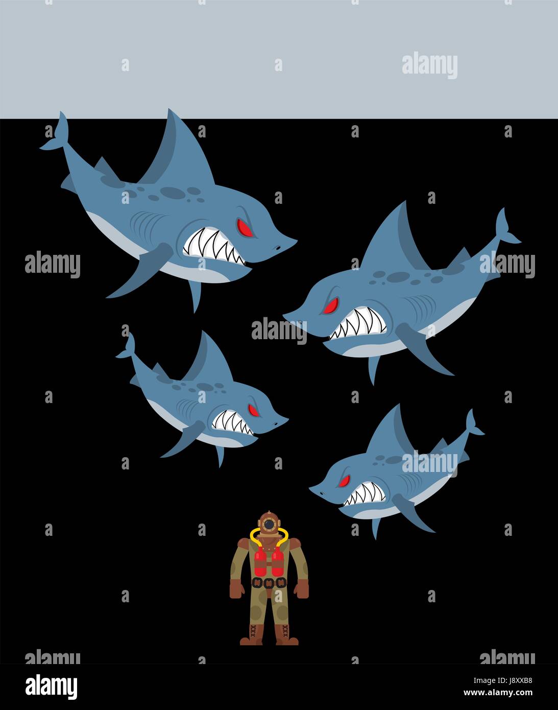 Diver is surrounded by sharks. Underwater abyss and evil sharks want to eat person in old diving suit Stock Vector