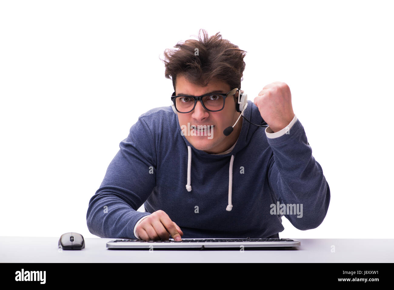 Funny nerd man working on computer isolated on white Stock Photo