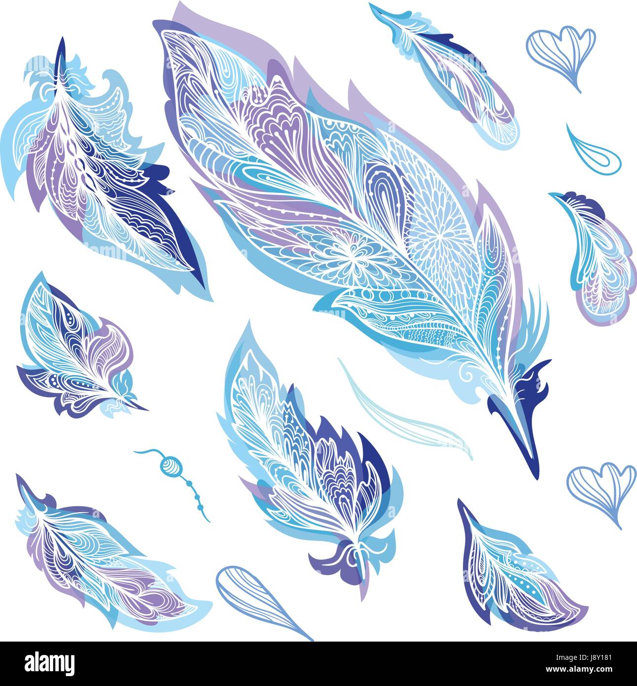 Vector creative sketch ornamental design elements in indigo color with transparent watercolor effect Stock Vector