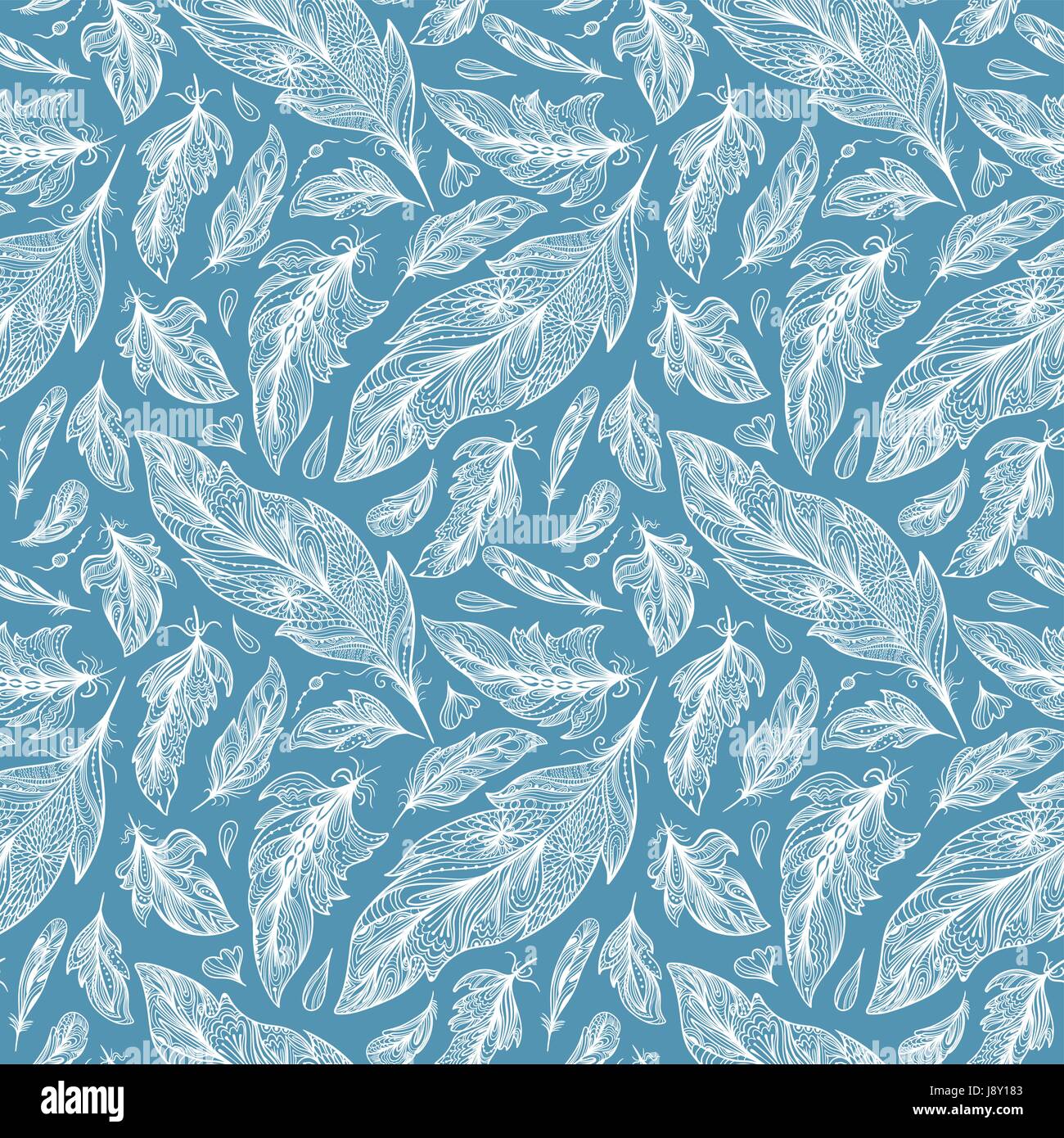 Seamless sketch texture with white ornamental feathers on blue background Stock Vector