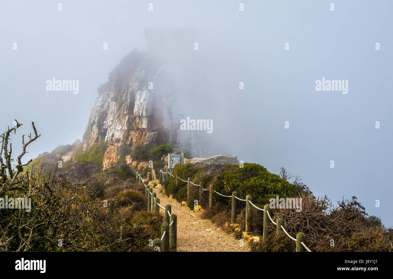 Foggy view of path on Lighthouse Keeper's Trail, Cape Point, Cape Peninsula, Western Cape, South Africa Stock Photo