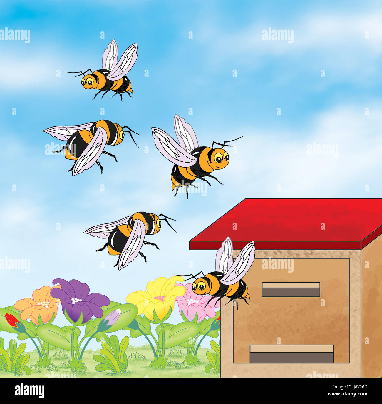Bees flying around the beehive - illustration Stock Photo