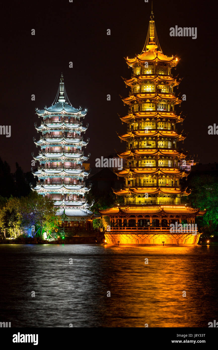 Guilin, China.  Sun and Moon Pagodas, by Shan Lake. Stock Photo