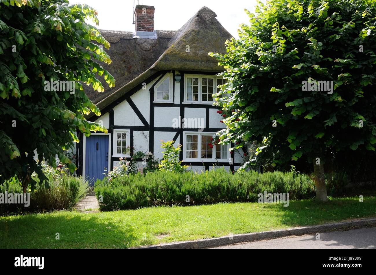 This timber framed cottage beside green,Westmill, Hertfordshire, is one of the variety of architecture to be seen in the village. Stock Photo