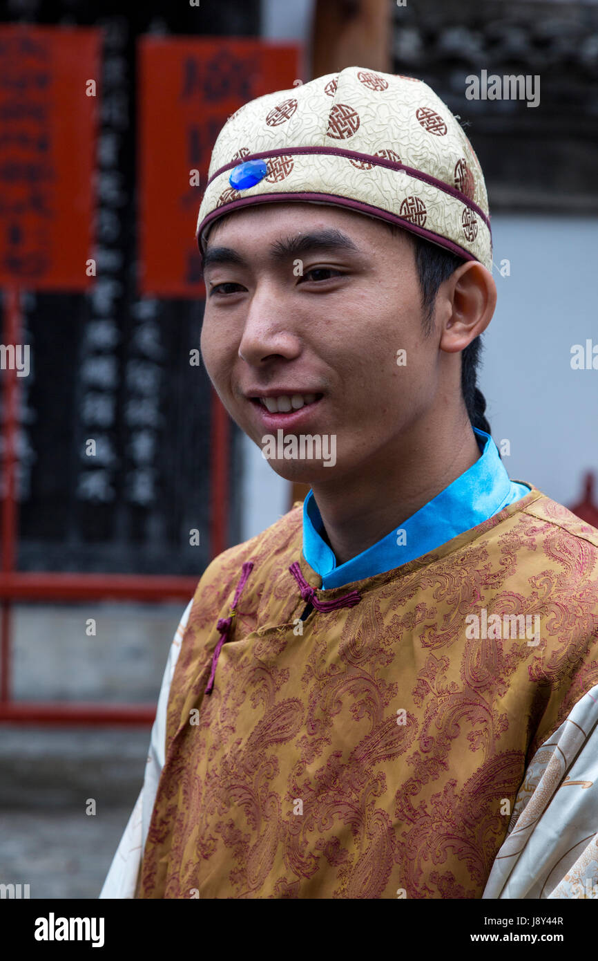 Guilin, China.  Oral History Performer in Costume of Medieval Qing Dynasty Court Functionary. Stock Photo