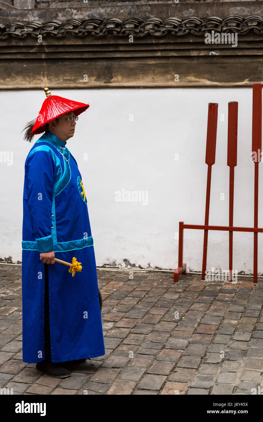 Guilin, China.  Oral History Performer in Costume of Qing Dynasty Court Official. Stock Photo
