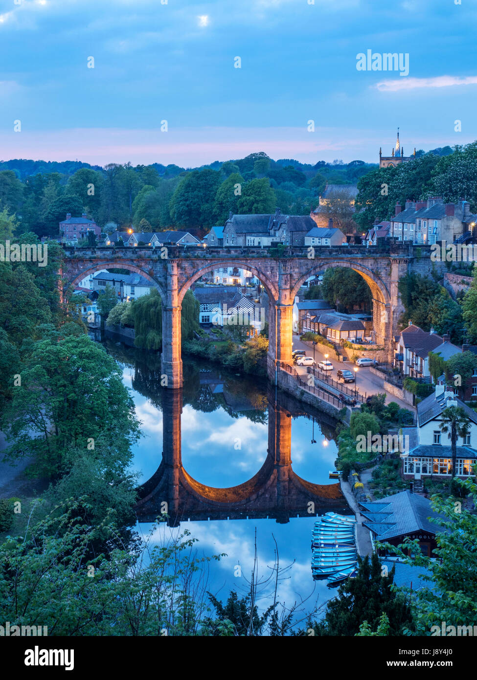 Railway Viaduct over the River Nidd Floodlit at Dusk Knaresborough North Yorkshire England Stock