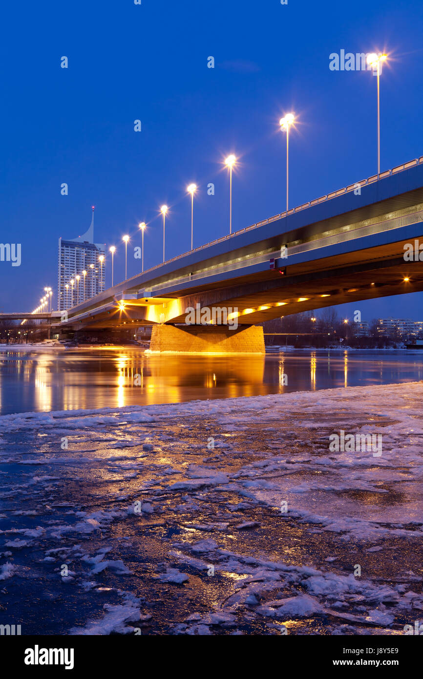 vienna, danube, blue, winter, bridge, night, nighttime, night photograph, Stock Photo