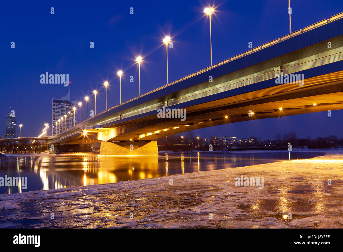 vienna, danube, blue, winter, bridge, night, nighttime, night photograph, Stock Photo