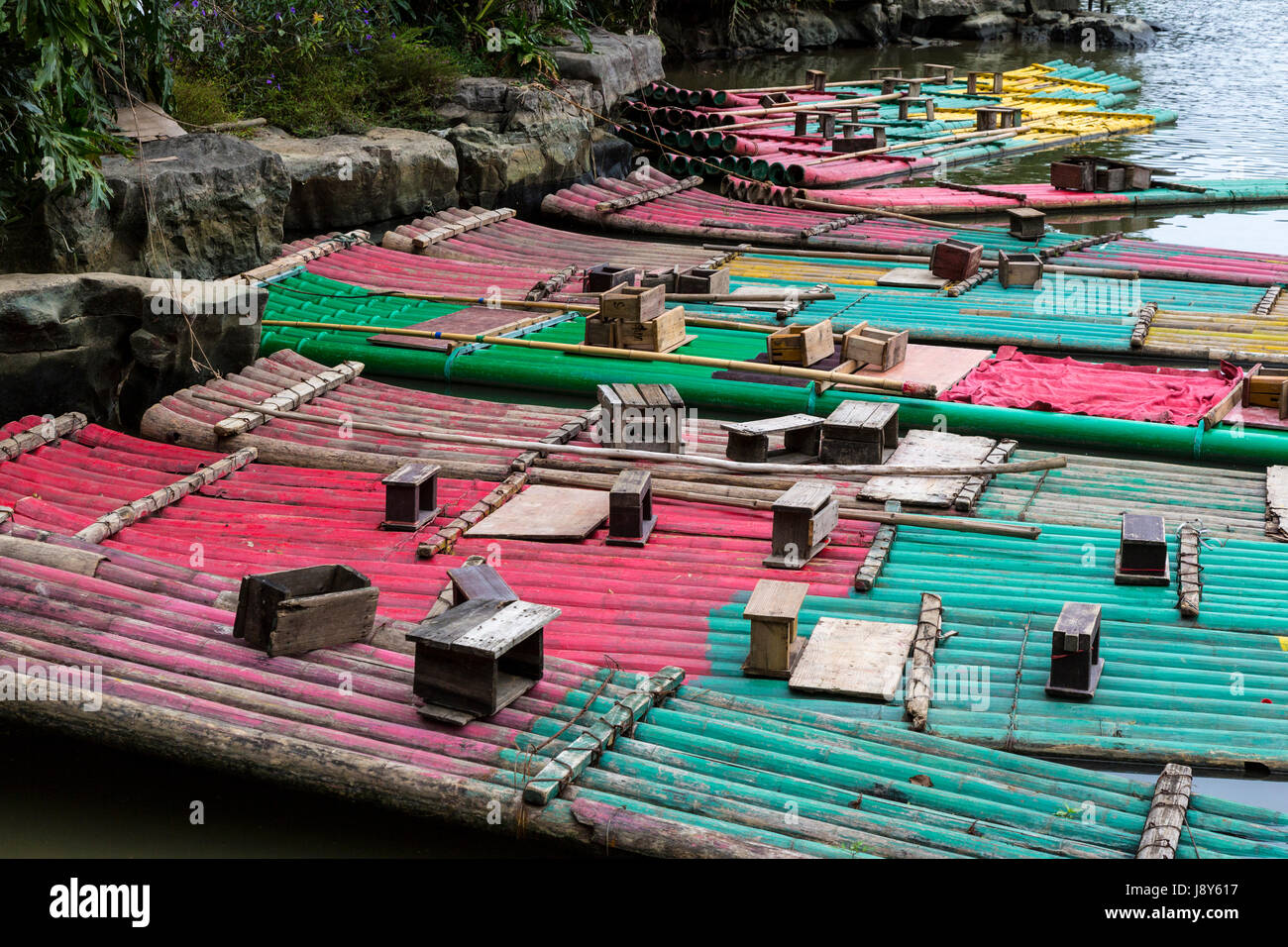 Reed Flute Cave, Guangxi Region, China.  Bamboo Rafts. Stock Photo
