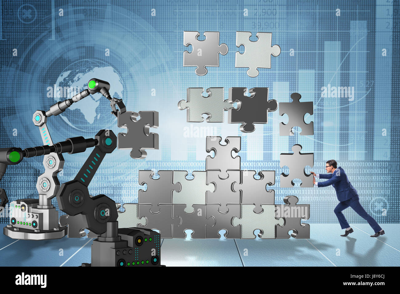 Businessman doing jigsaw puzzle with robotic arm Stock Photo - Alamy