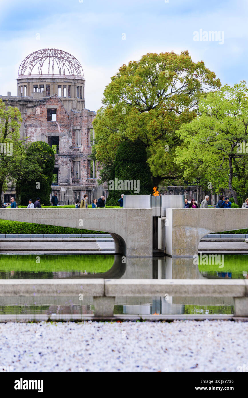Peace flame in Hiroshima Peace Park. WW2 a-bomb memorial. Prefectural Industrial Promotion Hall Stock Photo