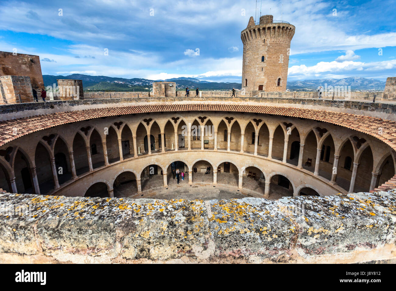 Bellver Castle on Palma, built in the 14th century for King James II of Majorca, and is one of the few circular ones in Europe. Stock Photo