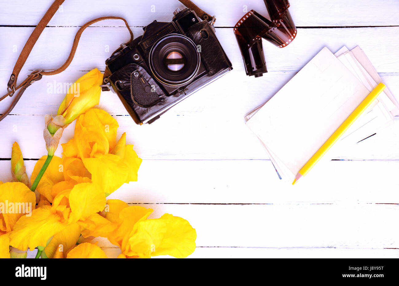 Vintage film camera in a leather case, blank greeting card and a bouquet of yellow irises on a white wooden background Stock Photo