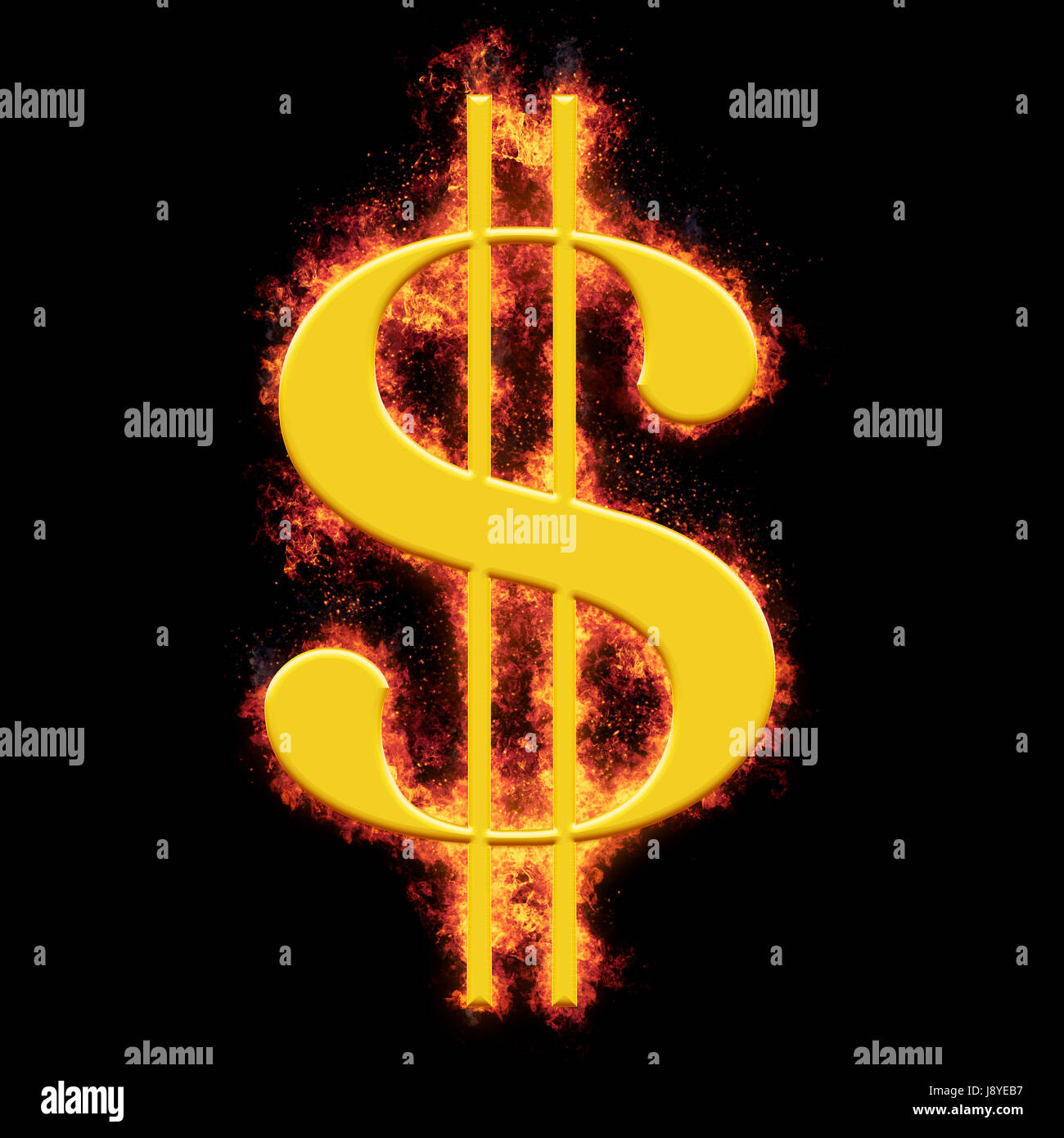 Golden American dollar symbol in bursting flames, isolated against the black background Stock Photo