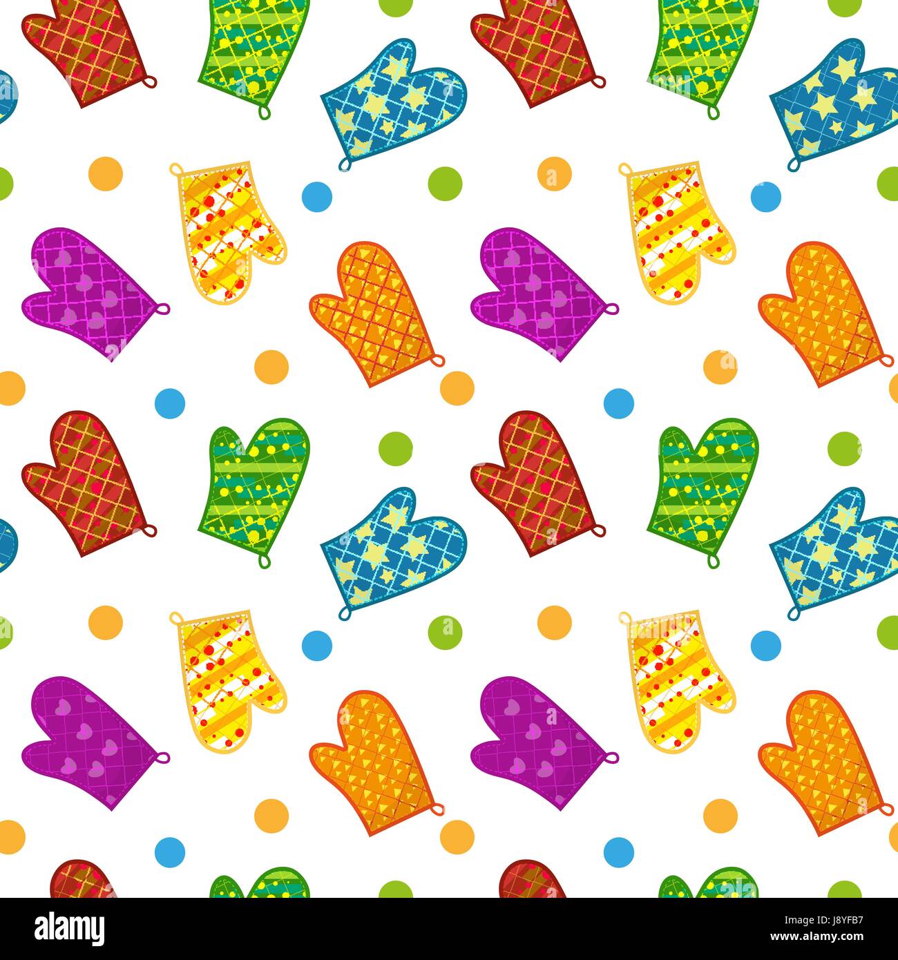 Kitchen potholders seamless pattern. Mittens for cooking endless background, repeating texture. Isolated on white background. Vector illustration. Stock Vector