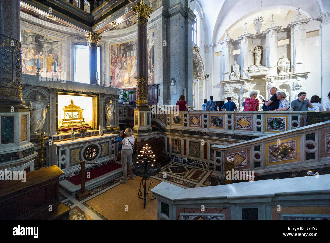 Rome. Italy. Visitors flock to the Basilica di San Pietro in Vincoli, to see Michelangelo's Tomb of Pope Julius II and the chains of St Peter. Stock Photo
