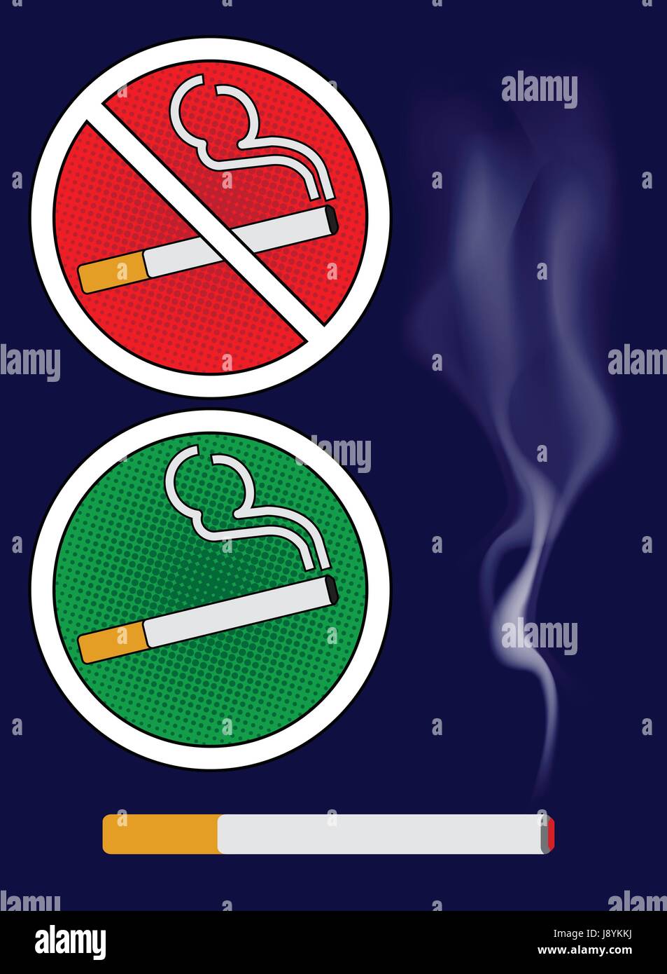 Cigarette burns, No smoking and Smoking area labels  vector illustration on black background Stock Vector
