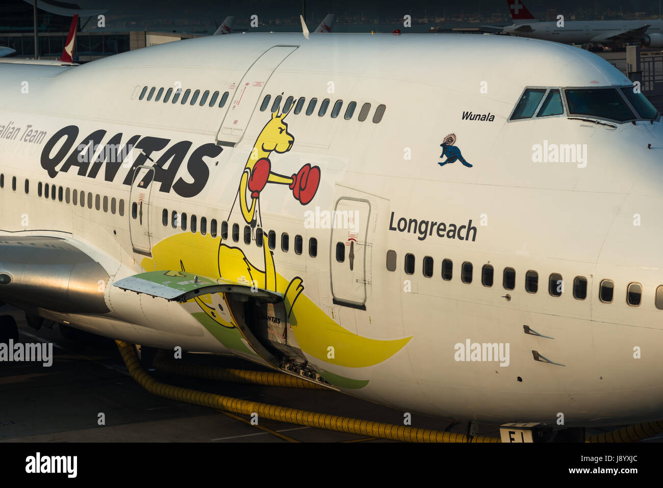 Qantas Jumbo jet with kangaroo art. Hong Kong airport, China. Stock Photo