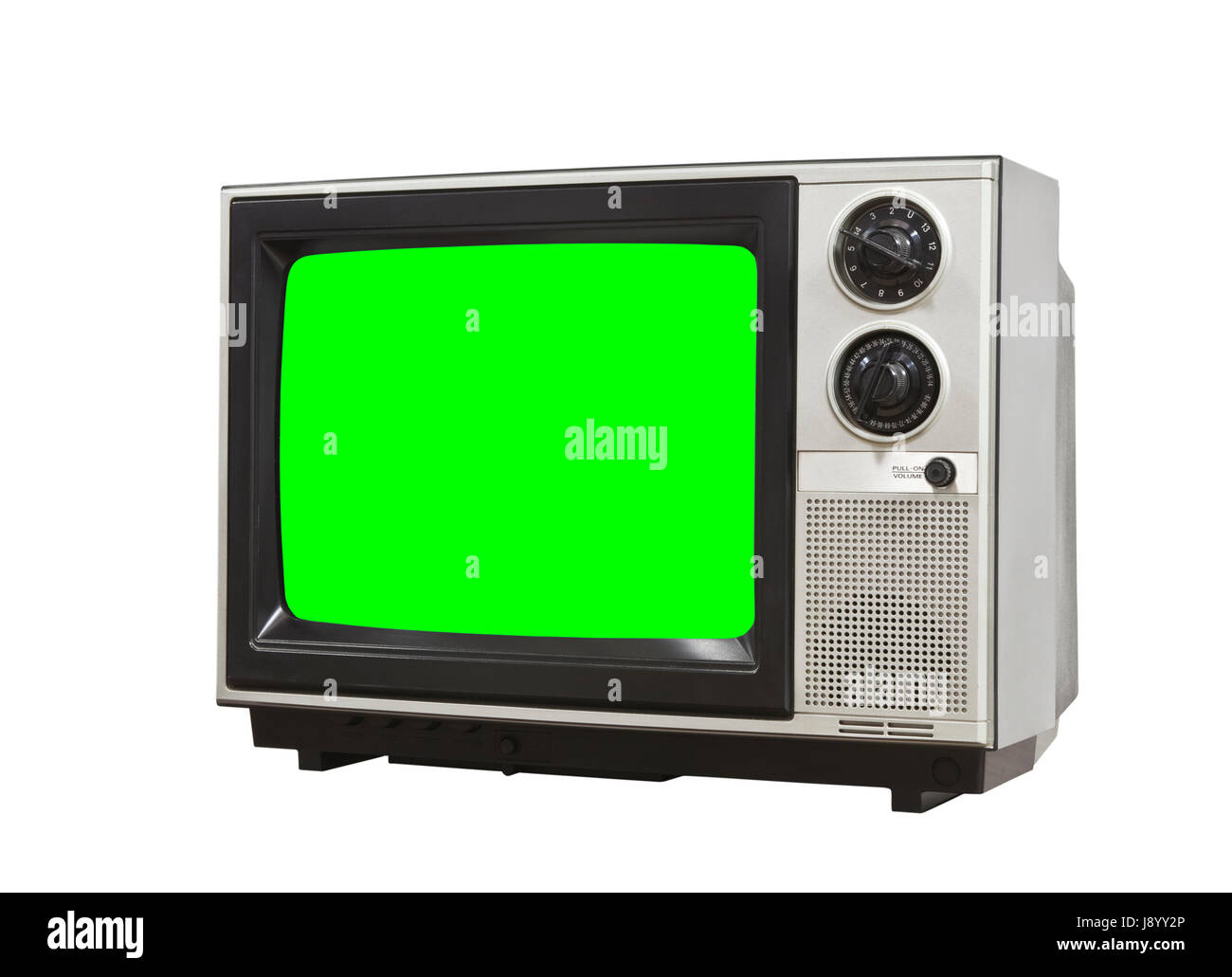 Small vintage television isolated on white with chroma key green screen. Stock Photo