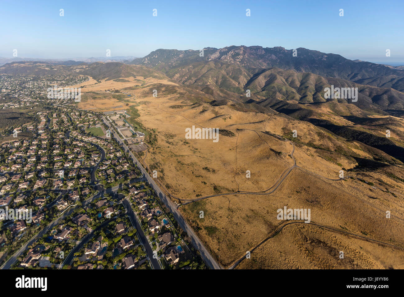 Aerial view of Newbury Park and the Santa Monica Mountains National Recreation Area in Ventura County, California. Stock Photo