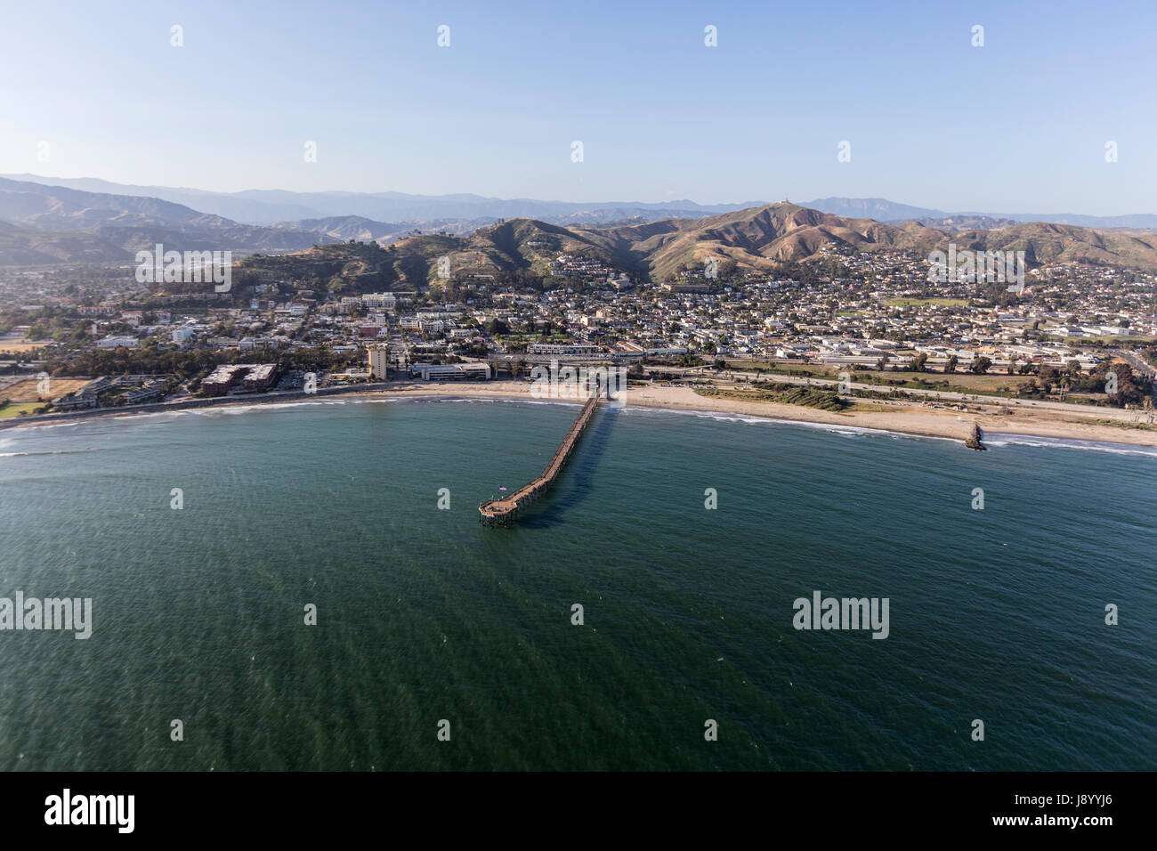 Aerial view of historic Ventura Pier and the Pacific Ocean in Southern California. Stock Photo