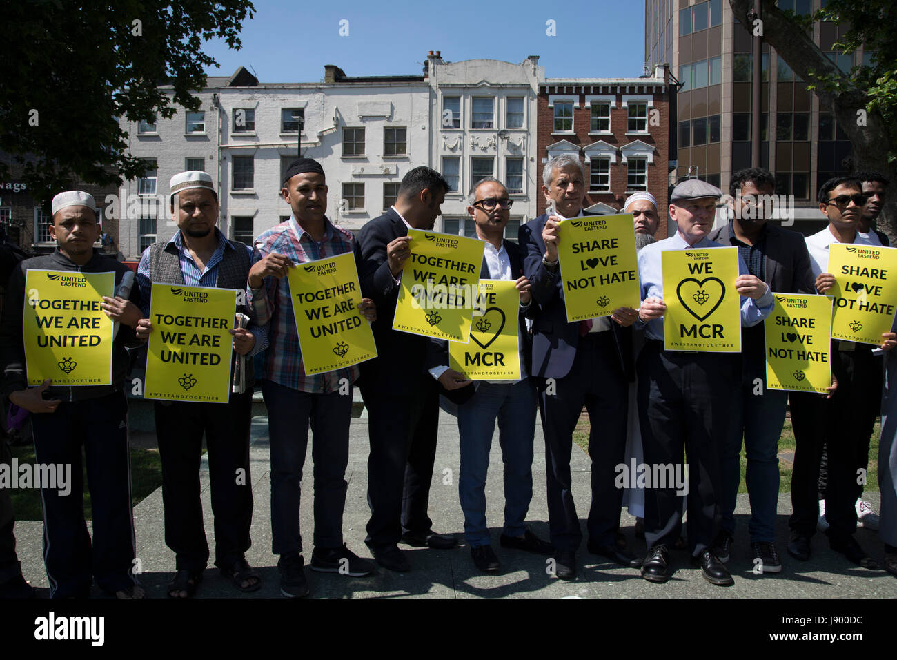 Solidarity gathering in remembrance of the Manchester attack victims in Altab Ali Park on May 26th 2017 in Whitechapel in East London, United Kingdom. People of all faiths but mainly Muslims from the local communities as well as other ethnicities came together in a multicultural gathering to stand together against terrorism and to think of the families affected by the recent events. Stock Photo