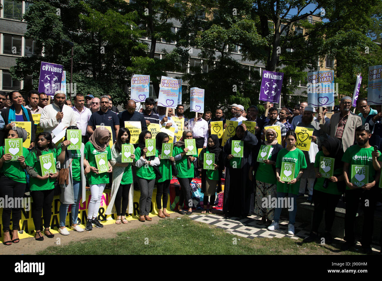 Solidarity gathering in remembrance of the Manchester attack victims in Altab Ali Park on May 26th 2017 in Whitechapel in East London, United Kingdom. People of all faiths but mainly Muslims from the local communities as well as other ethnicities came together in a multicultural gathering to stand together against terrorism and to think of the families affected by the recent events. Stock Photo