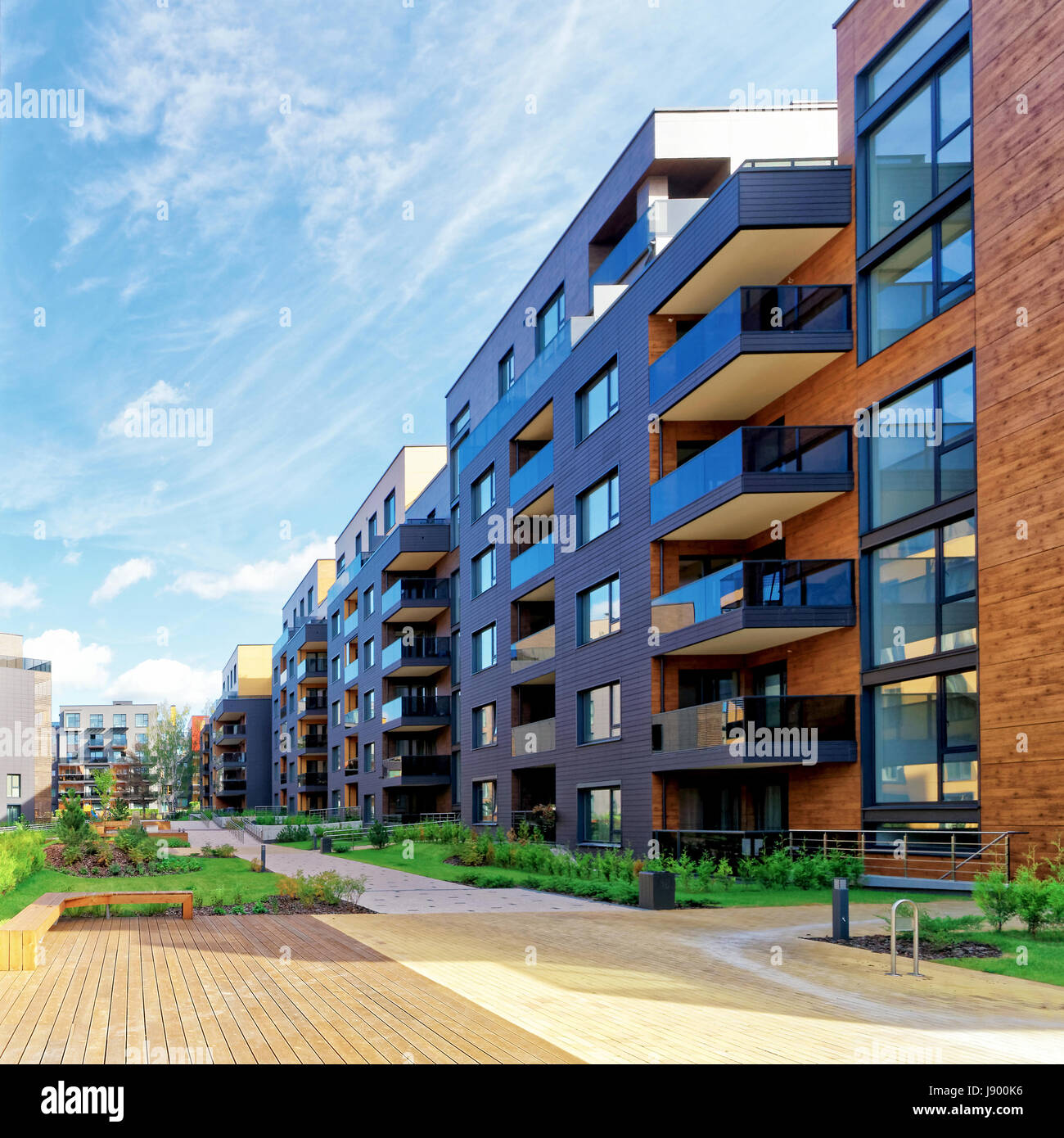 European modern complex of residential buildings. And outdoor facilities. Stock Photo