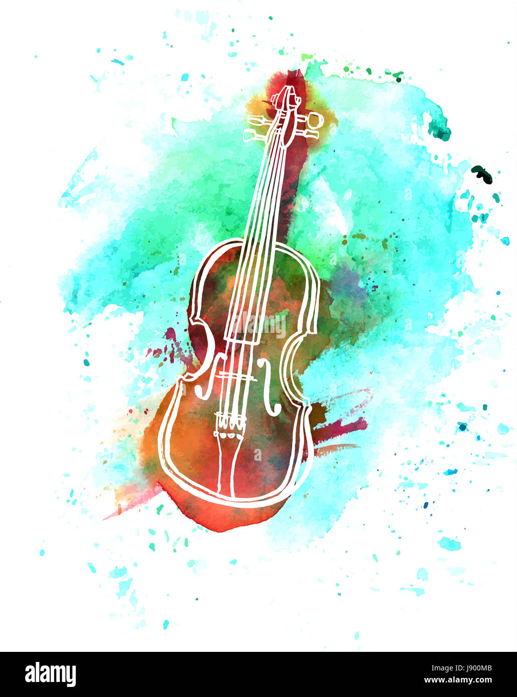 A pen and ink grunge drawing of a violin with a teal watercolor brush