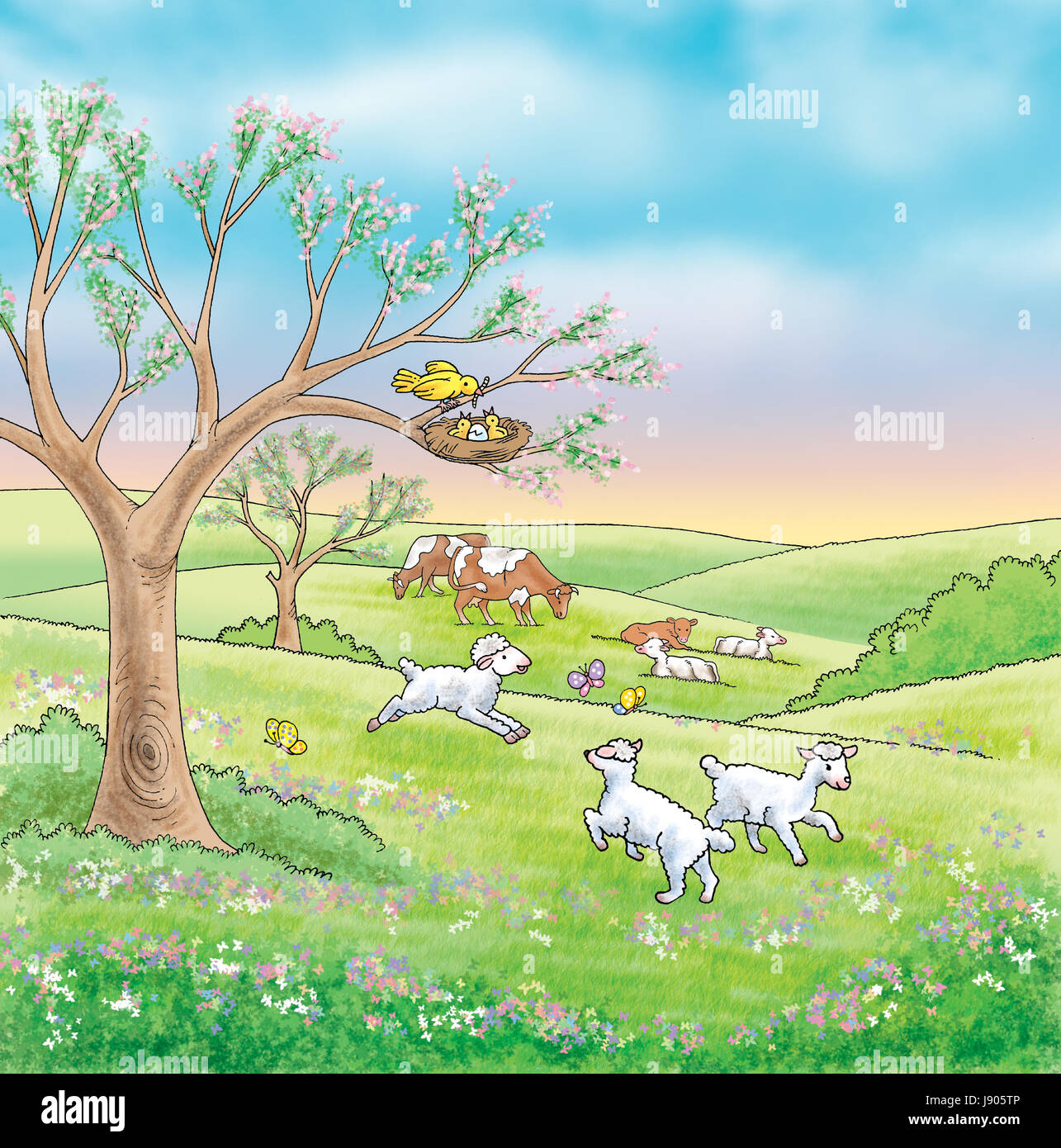 Some farm animals and nature - illustration Stock Photo
