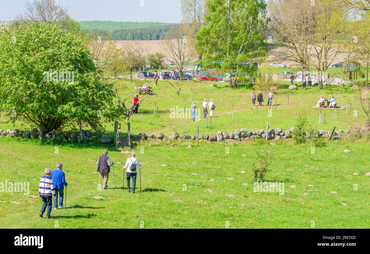 Brosarp, Sweden - May 18, 2017: Documentary of Brosarps hills nature area. Tourists returning after a short hike among the hills in the nature reserve Stock Photo