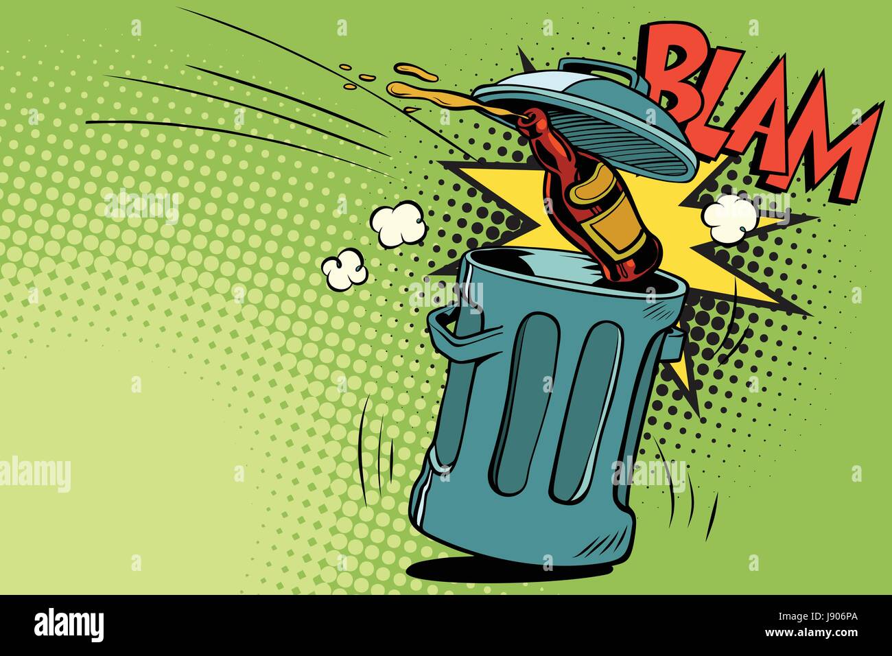 Stop alcohol, beer bottle flies into the garbage. Cartoon comic illustration pop art retro style vector Stock Vector