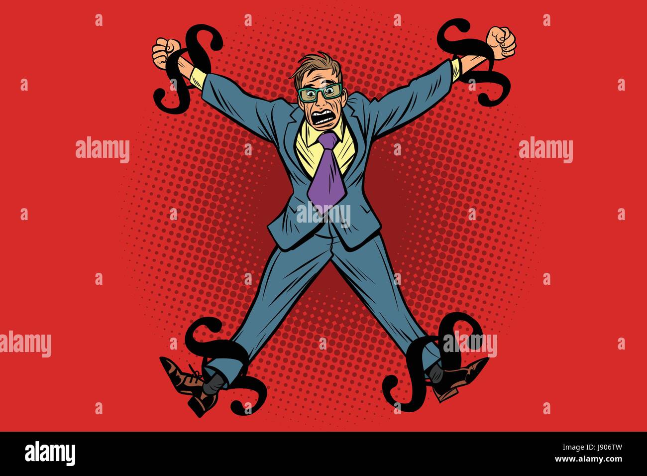 Businessman chained in legal rules, paragraphs as chain. Cartoon comic illustration pop art retro style vector Stock Vector