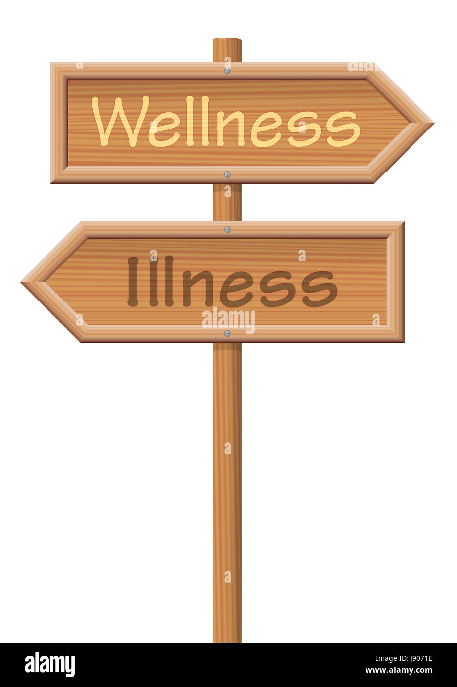 Wellness and Illness, written on wooden signposts in opposite directions, as a symbol for the two options health or disease. Illustration. Stock Photo