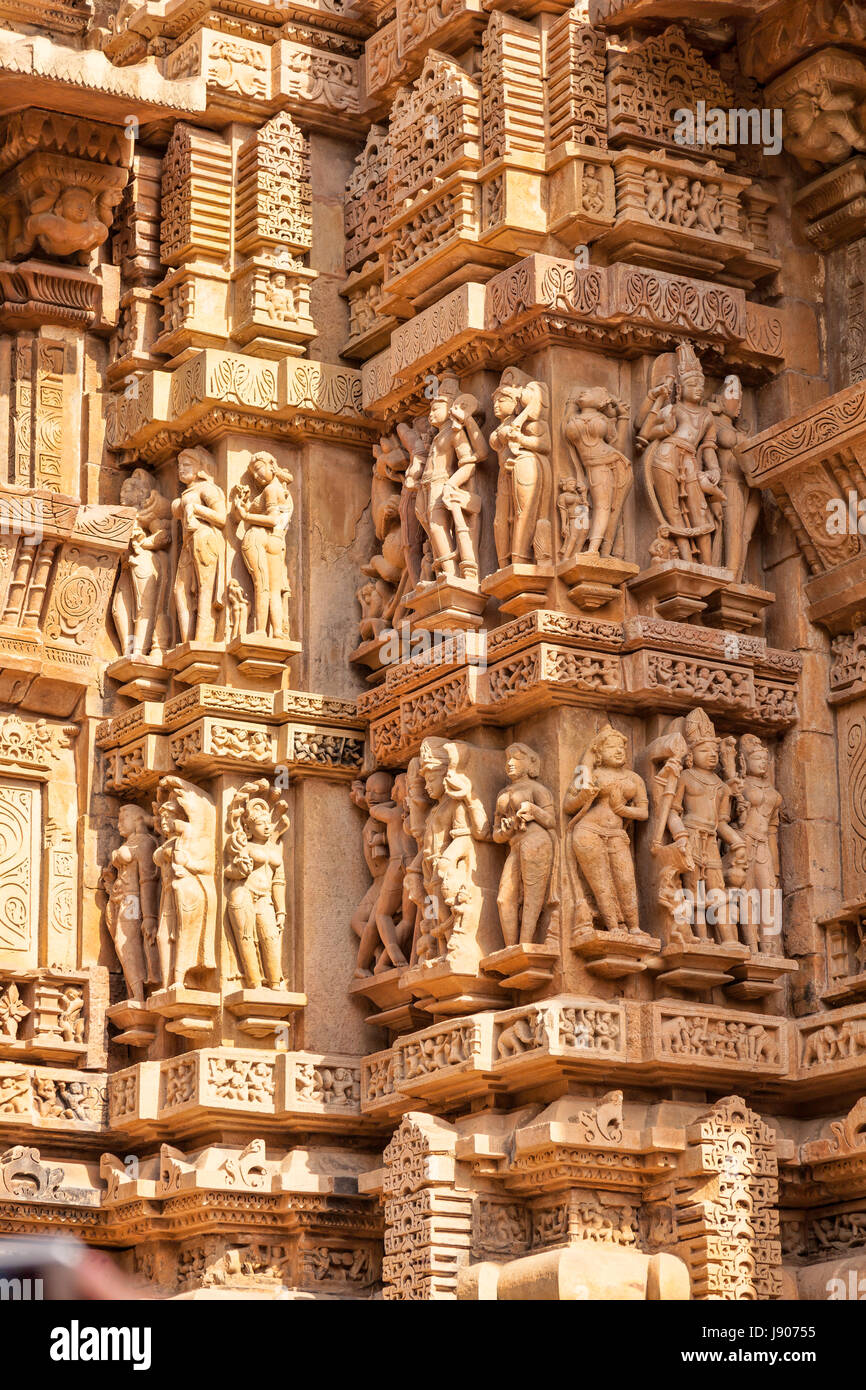 Historical carvings at Temple in Khajuraho,Orchha,Temple in India,Asia, unique Ind0-Aryan architecture,Chhatarpur of Madhya Pradesh Stock Photo