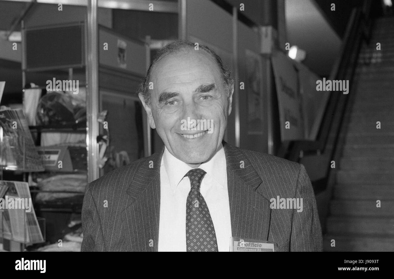 Robert Sheldon, Labour party Member of Parliament for Ashton-under-Lyne, attends the party conference in Brighton, England on October 1, 1991. Stock Photo