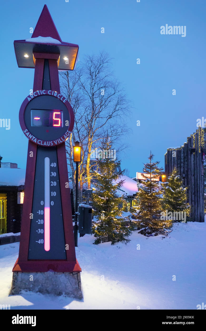 Rovaniemi, Finland - March 5, 2017: Temperature meter at Santa Claus Village, Lapland, Finland, on Arctic Circle in winter. Stock Photo