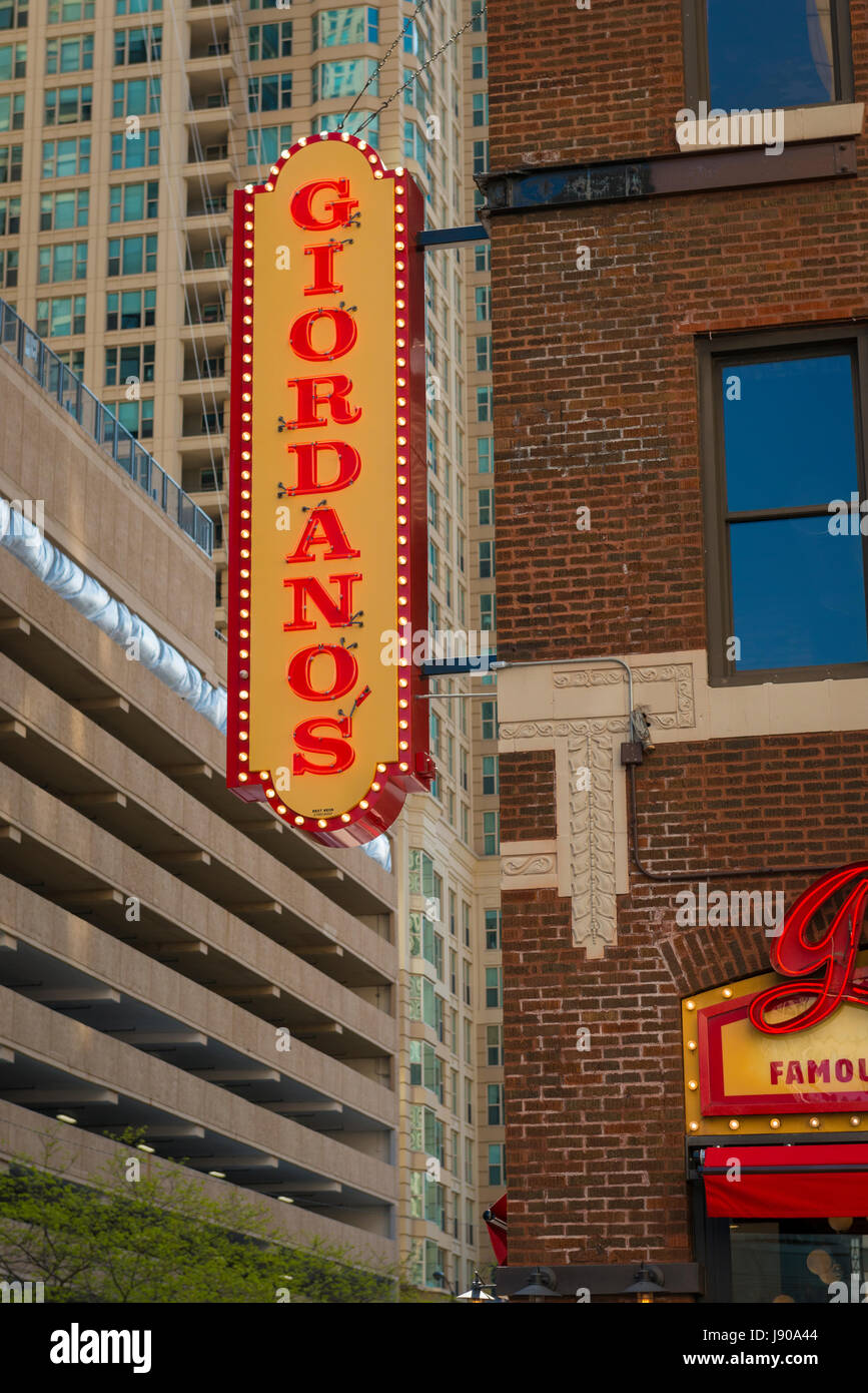 Chicago Illinois N Rush Street Downtown modern contemporary buildings sign Giordanos Stock Photo